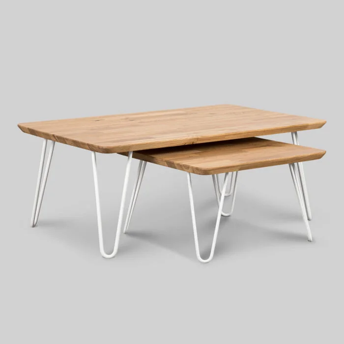 Dębowe stoliki kawowe w industrialnym stylu, idealne do salonu, i wnętrz typu studio. ShapeShake.design 100 × 60 × 38 cm 55 × 55 × 33 cm
